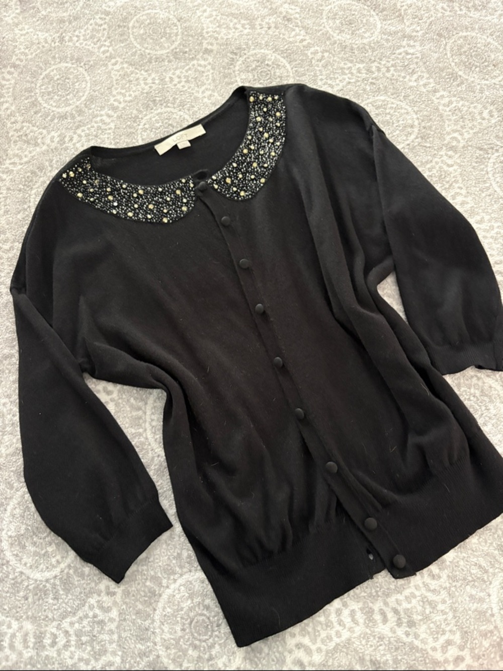 LOFT Black Cardigan with Beaded Collar